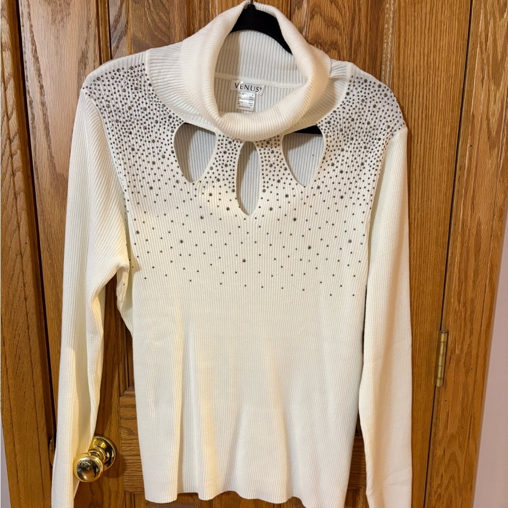 VENUS Cream Rhinestone Cut-Out Sweater